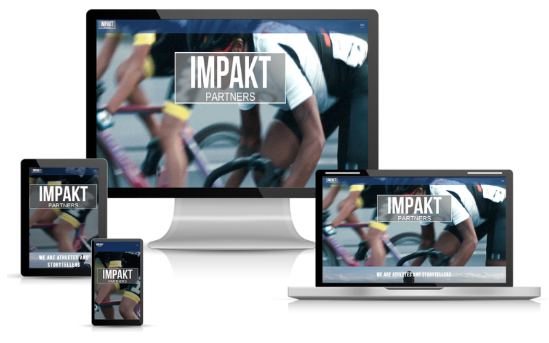 A computer monitor a tablet a phone and a laptop all displaying a website called impakt