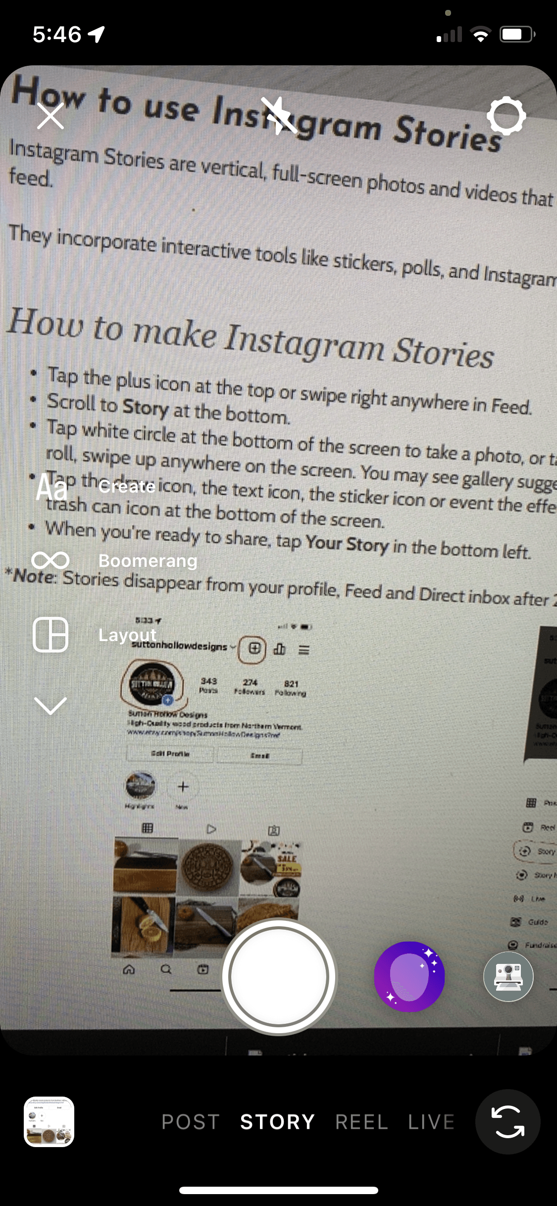 swiping right to add an Instagram story