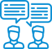 Blue icon of two men talking with text bubbles over them