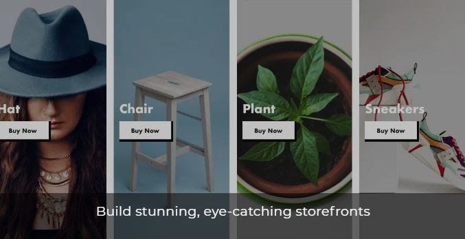 A hat, chair, plant, and sneakers with buy now over the image of each