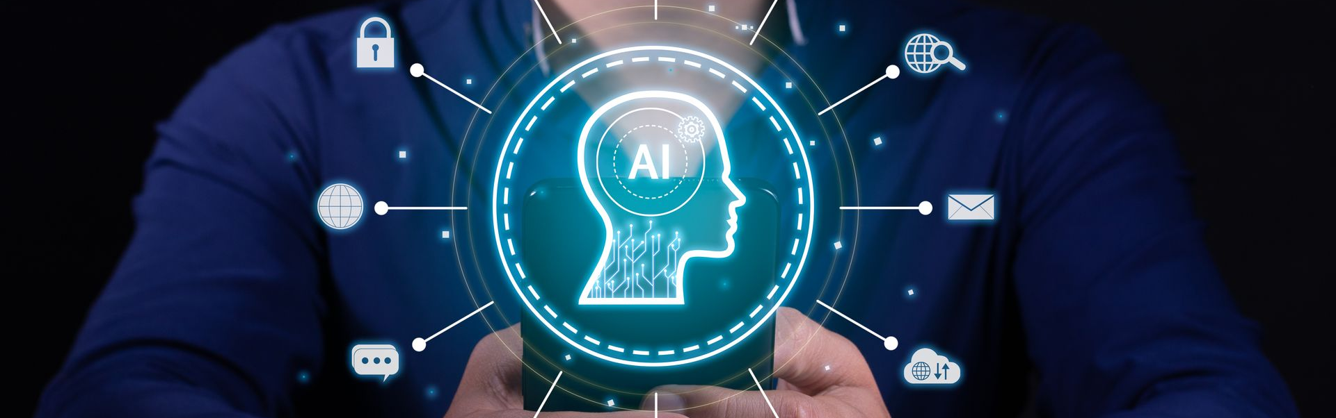 Person holding a digital AI brain icon. Features digital security, data, and cloud symbols, blue lighting.
