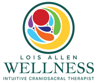 Logo: Circle with colorful inner design. Text reads “Lois Allen, Healing Touch, Intuitive Craniosacral Therapist.