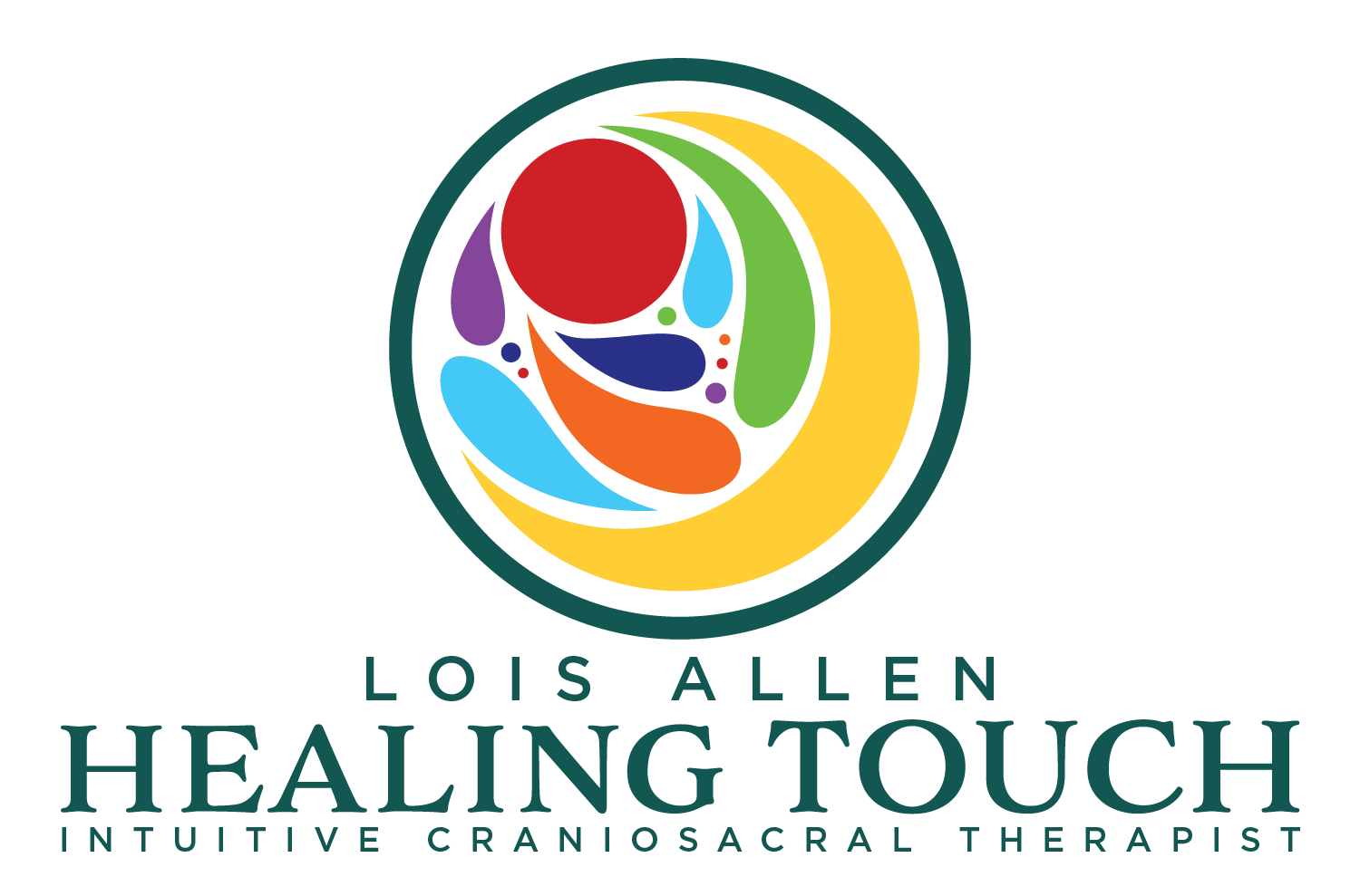 Logo: Circle with colorful inner design. Text reads “Lois Allen, Healing Touch, Intuitive Craniosacral Therapist.