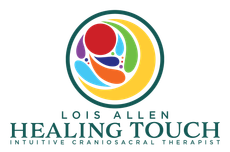 Logo: Circle with colorful inner design. Text reads “Lois Allen, Healing Touch, Intuitive Craniosacral Therapist.