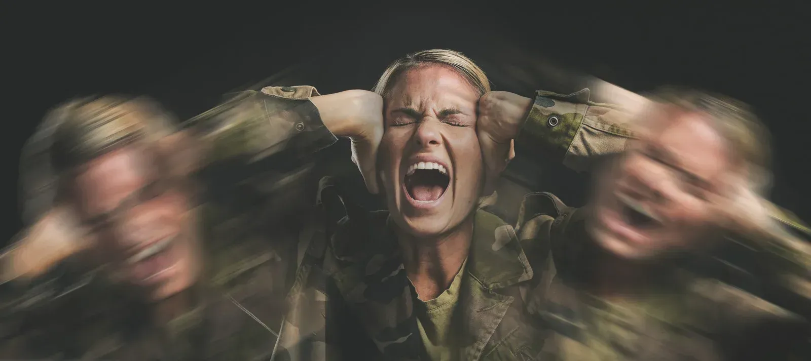 A person with hands over ears screams. Two blurred images flank the person. Dark background.