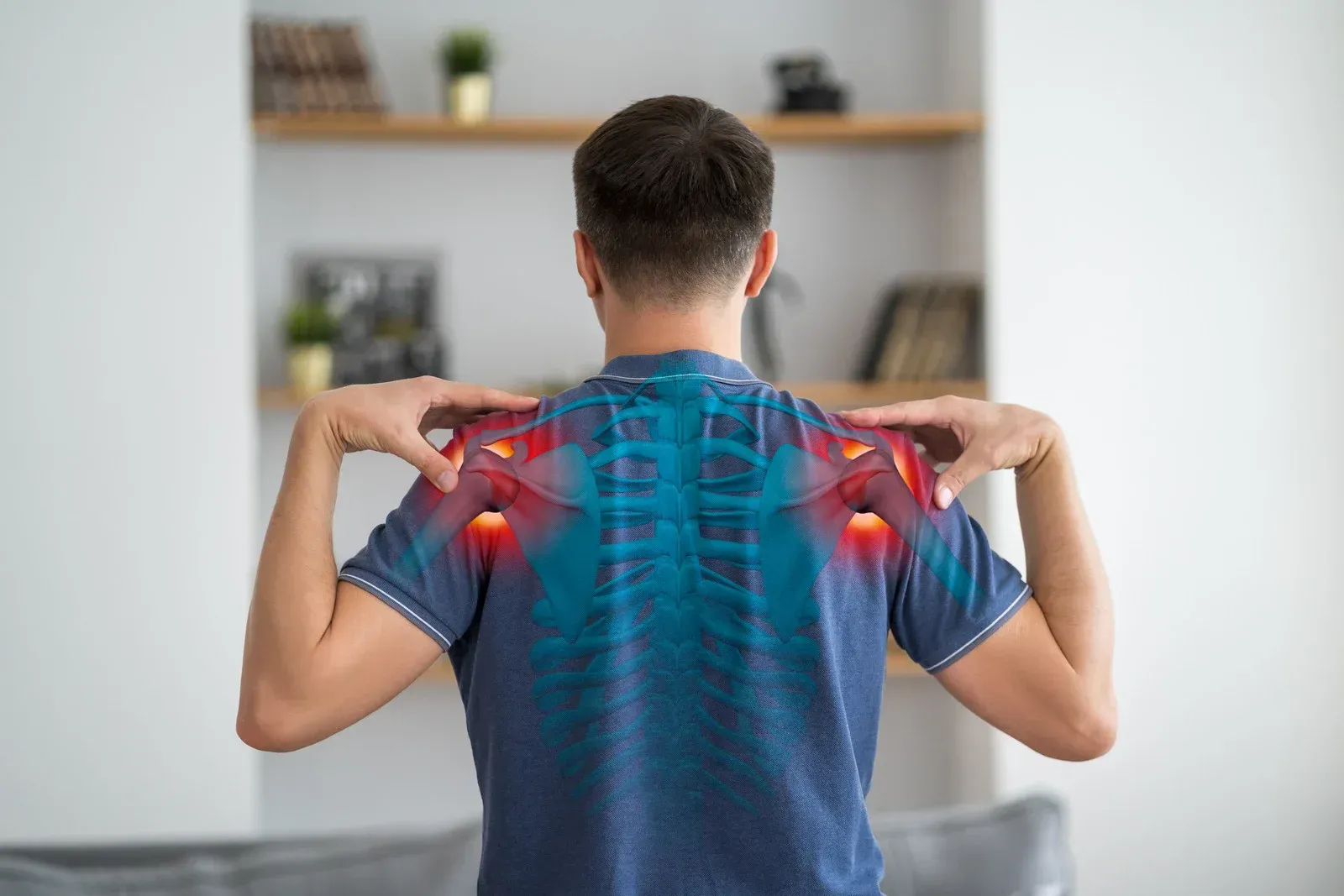 Man with back pain, indicated by red highlights on his skeleton, in a home setting.