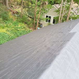 A close up of a roof with trees in the background and a house in the background.