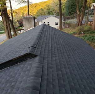 A black roof is sitting on top of a house in the woods.