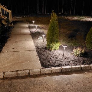A walkway is lit up at night with solar lights.
