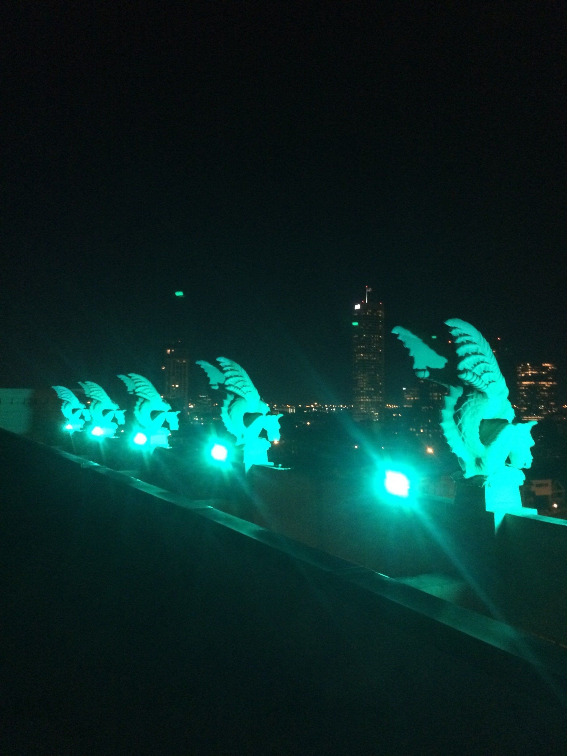 A row of green lights are lit up in the dark