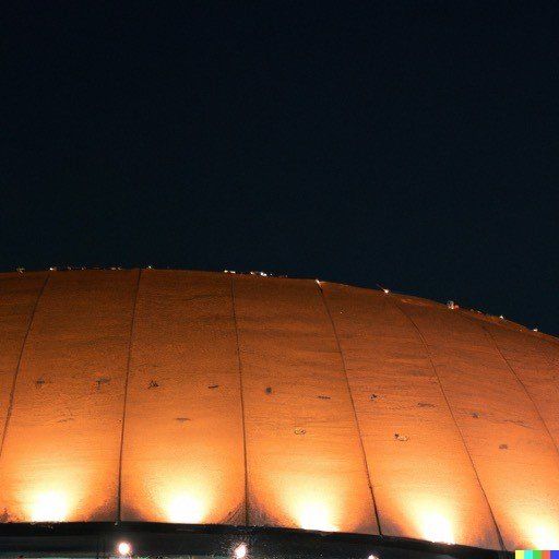 The dome of a stadium is lit up at night