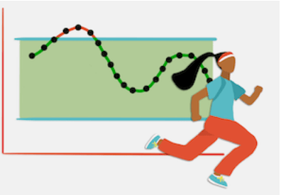 A woman is running in front of a graph.