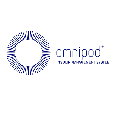 The omnipod insulin management system logo is a blue circle with rays coming out of it.