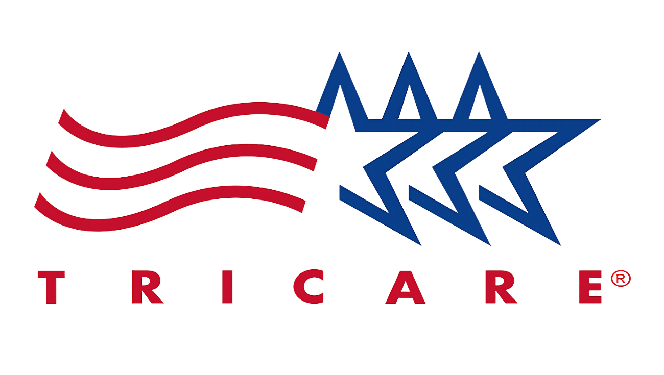 A red , white and blue logo for tric care
