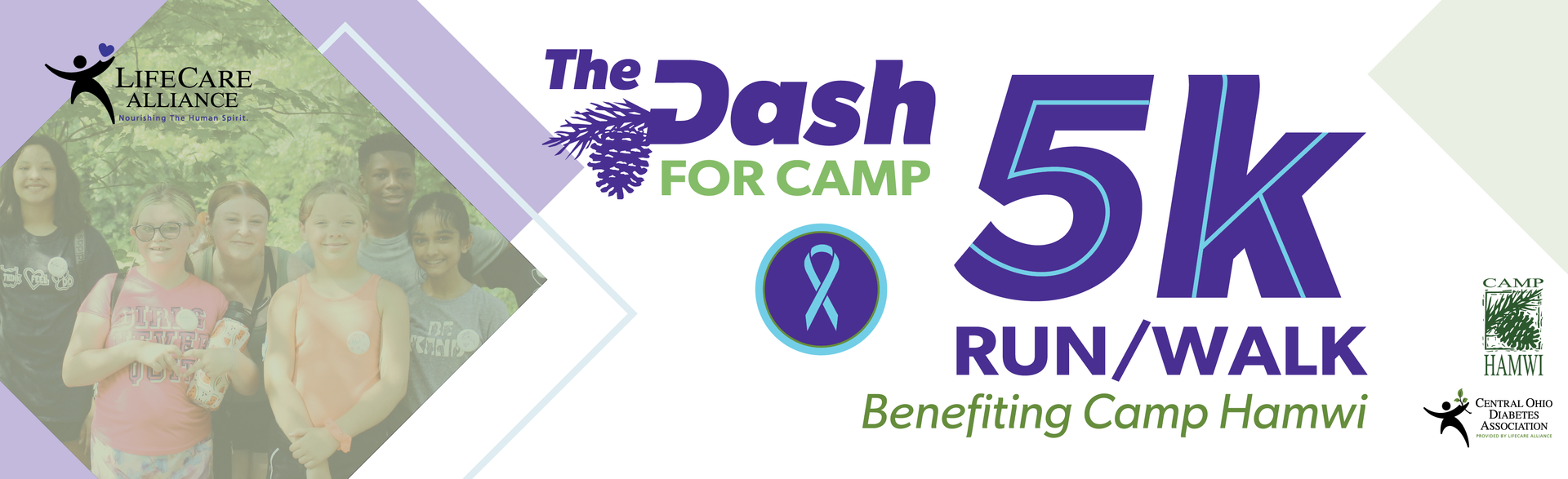 A banner for the dash for camp 5k run / walk