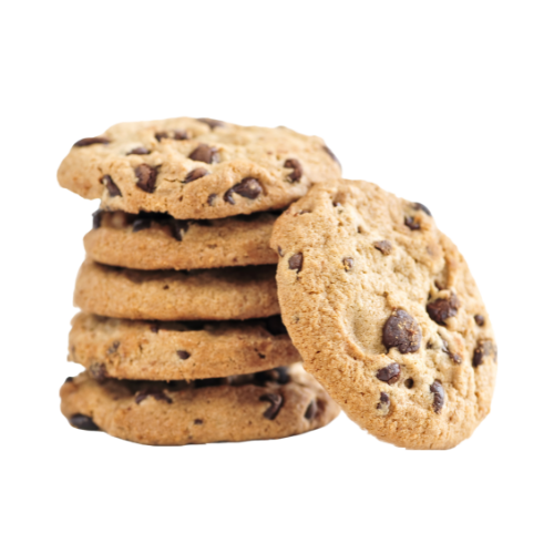 A stack of chocolate chip cookies on a white background