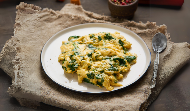 A plate of scrambled eggs with spinach on a table with a spoon.