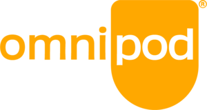An orange and white omnipod logo on a white background