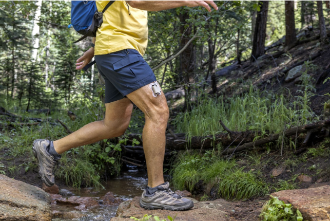 A person is running through a stream in the woods.