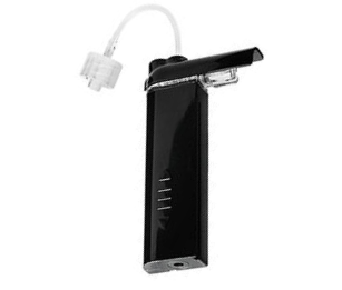A black lighter with a hose attached to it on a white background.