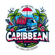 Caribbean Junk Removal logo with a blue truck on a beach, palm trees, and tools.