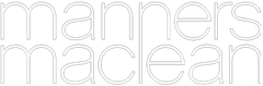 A white line drawing of the word manners maclean on a white background.