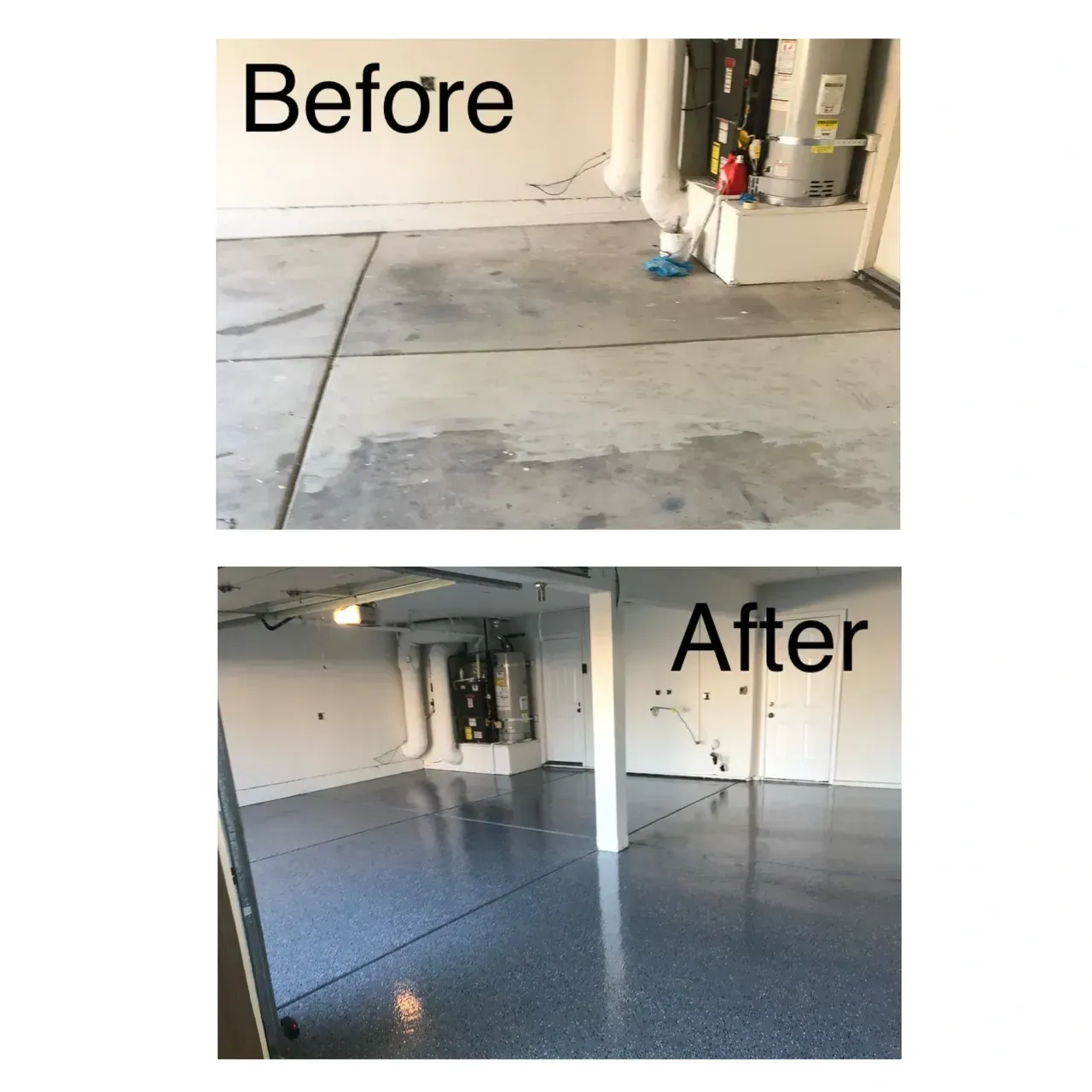 A before and after picture of a garage floor