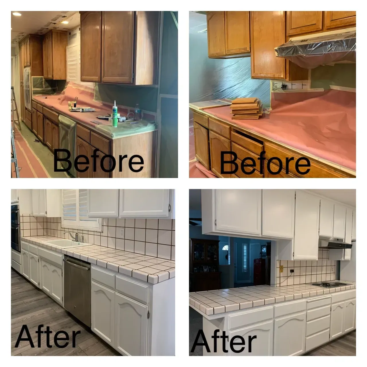Four pictures of a kitchen before and after being remodeled
