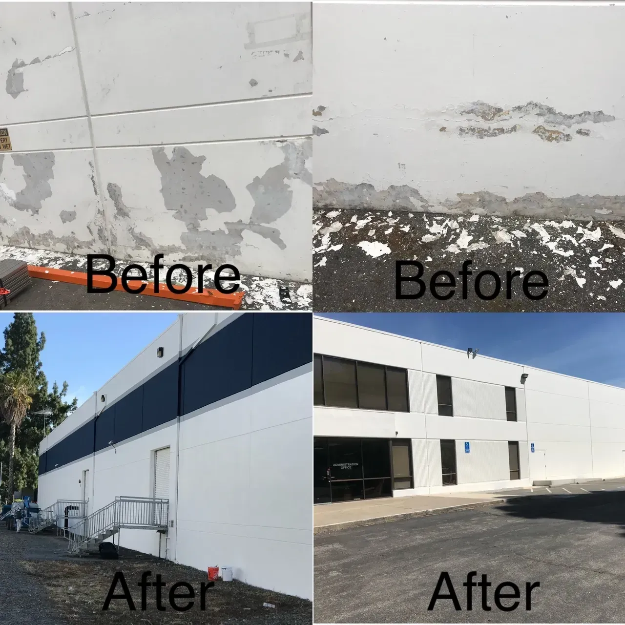 A before and after photo of a white building