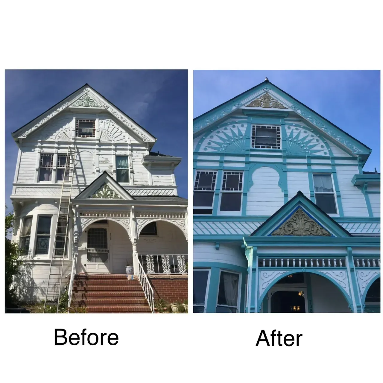 A before and after picture of a house that has been painted blue.