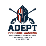 Logo for Adept Pressure Washing, featuring a Spartan helmet with US flag patterns and two crossed pressure washer guns.