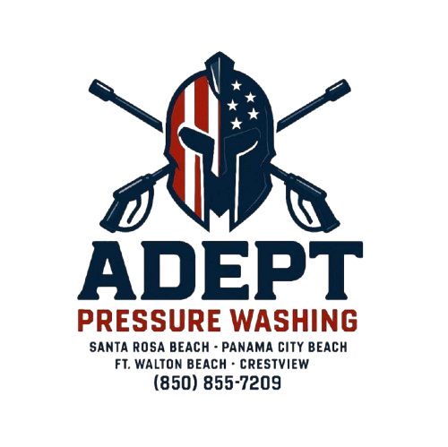 Logo for Adept Pressure Washing, featuring a Spartan helmet with US flag patterns and two crossed pressure washer guns.
