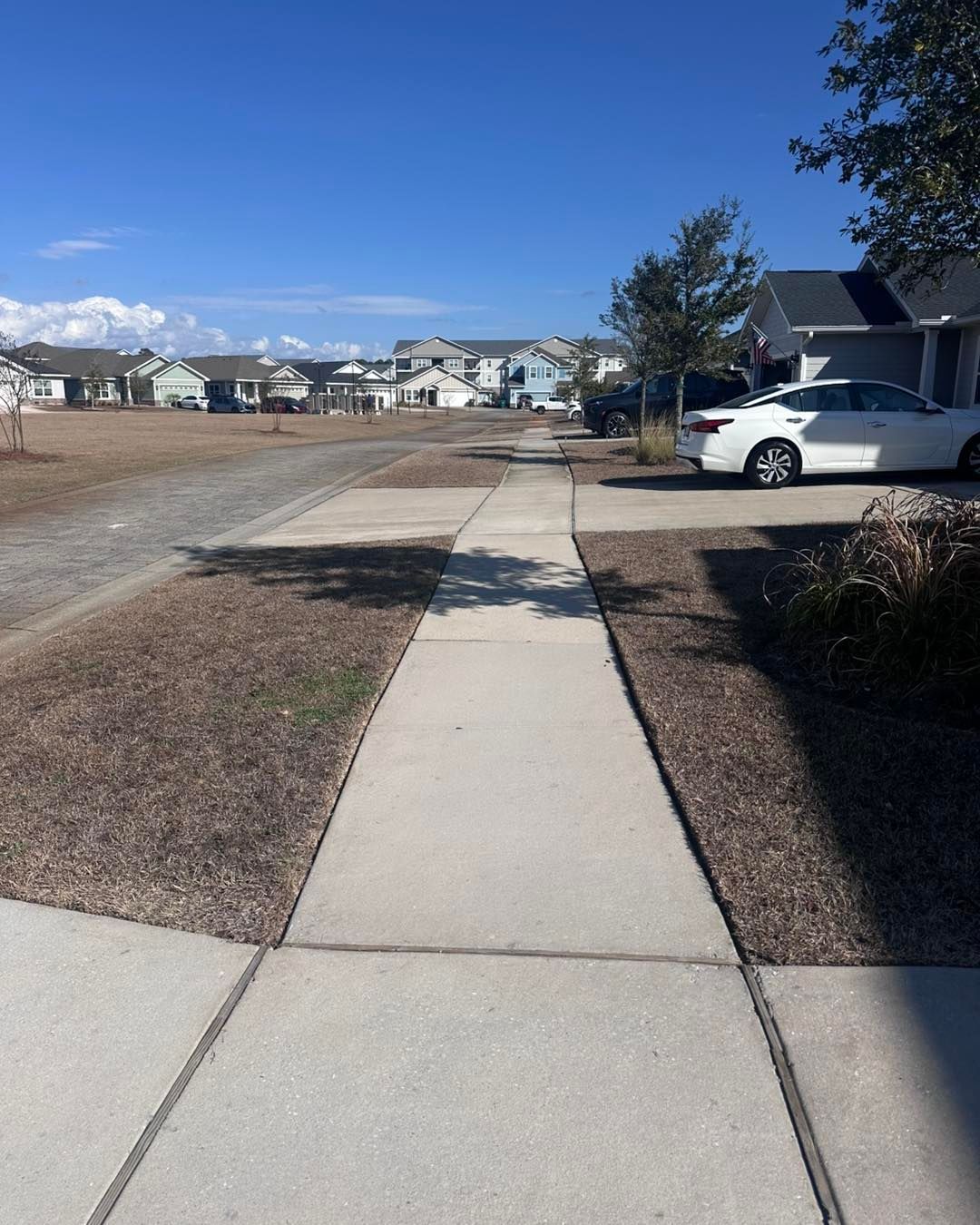 A sidewalk stretches through a sunny residential neighborhood, with dry grass and houses visible on both sides.