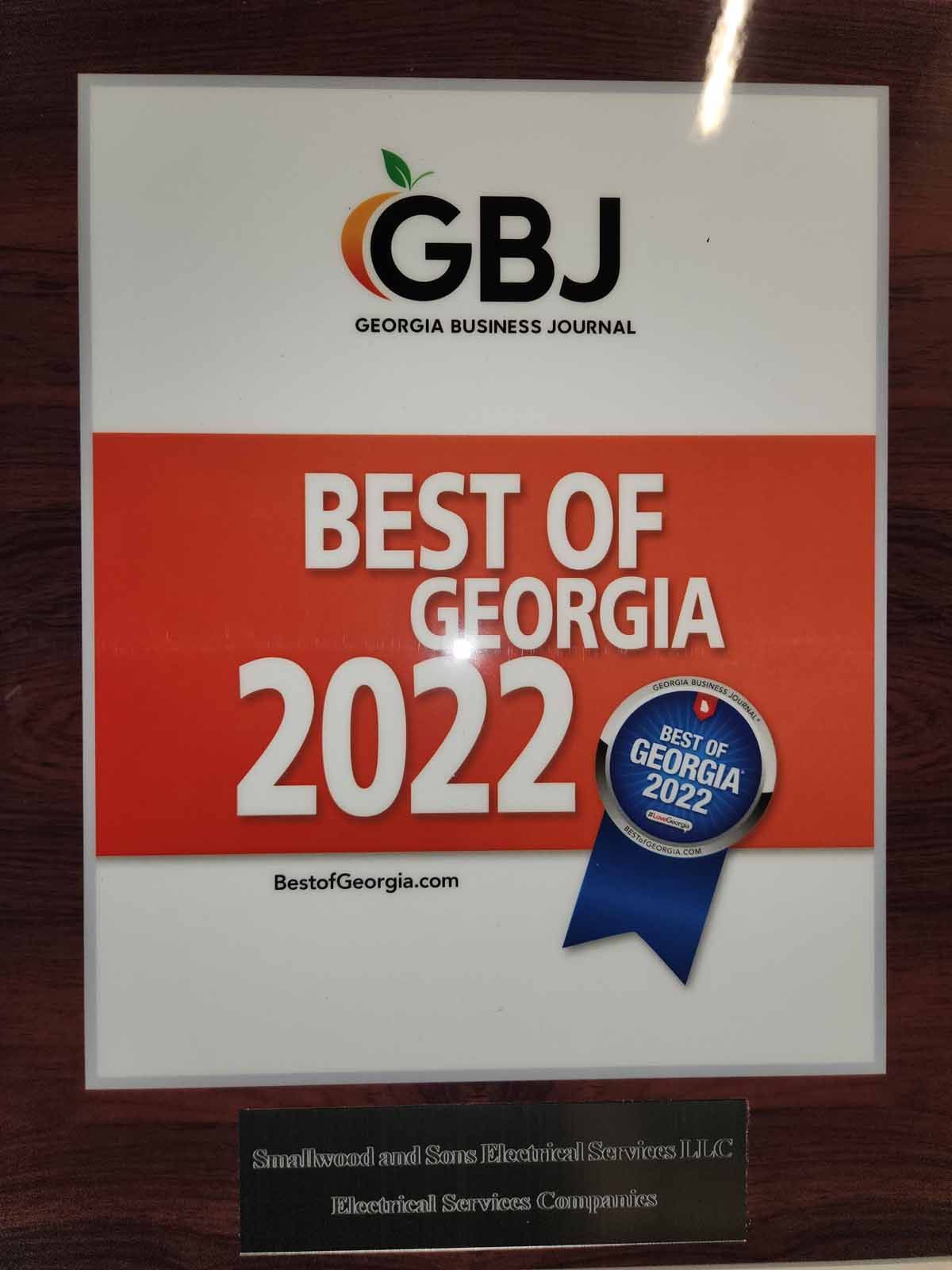 A plaque that says gbj best of georgia 2022