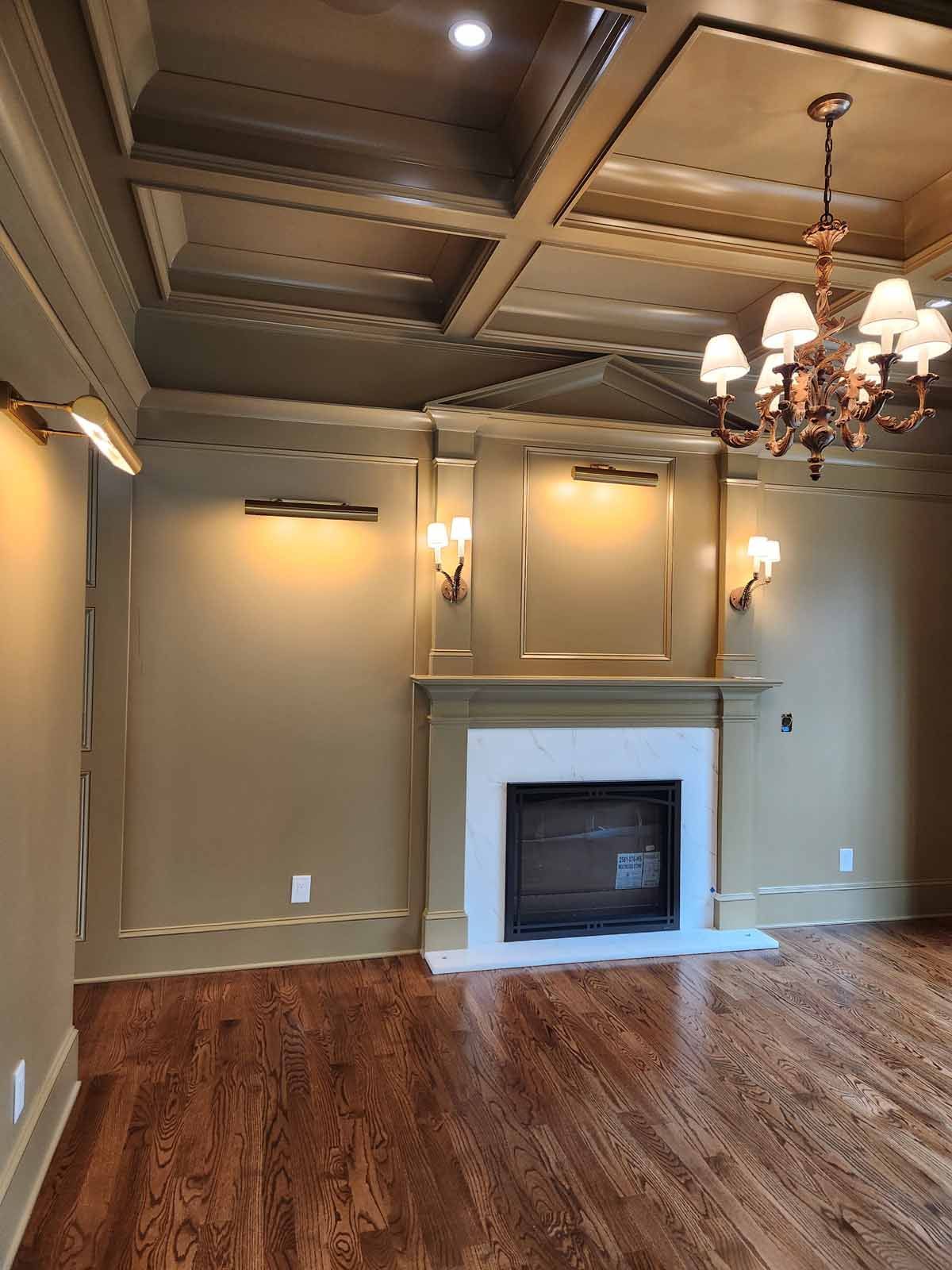 There is a fireplace in the middle of the room.