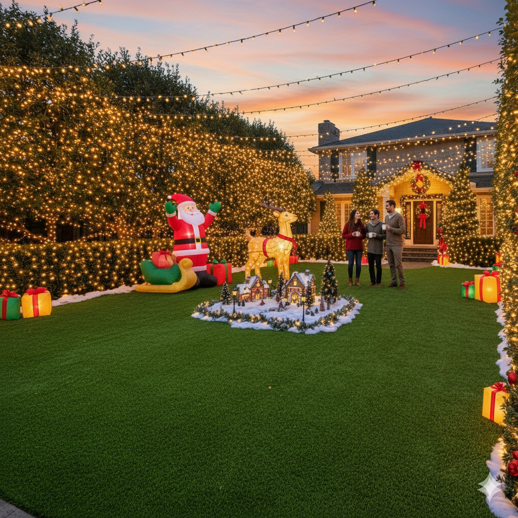 A house and lawn decorated for Christmas. People stand outside near a miniature village and inflatable Santa.