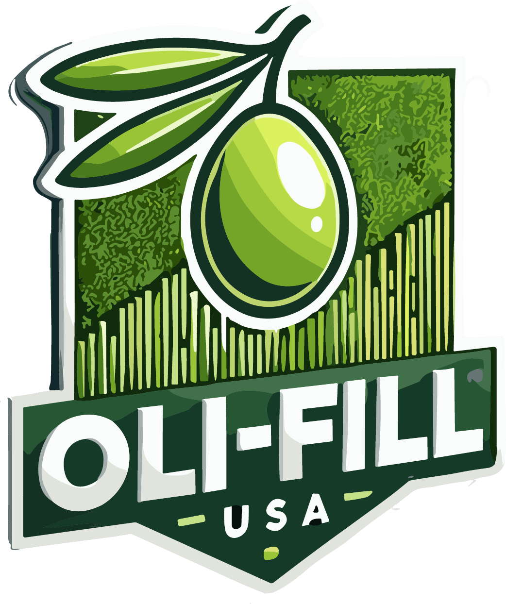 Logo for Oli-Fill USA: Green olive with leaves, set on green background, text 