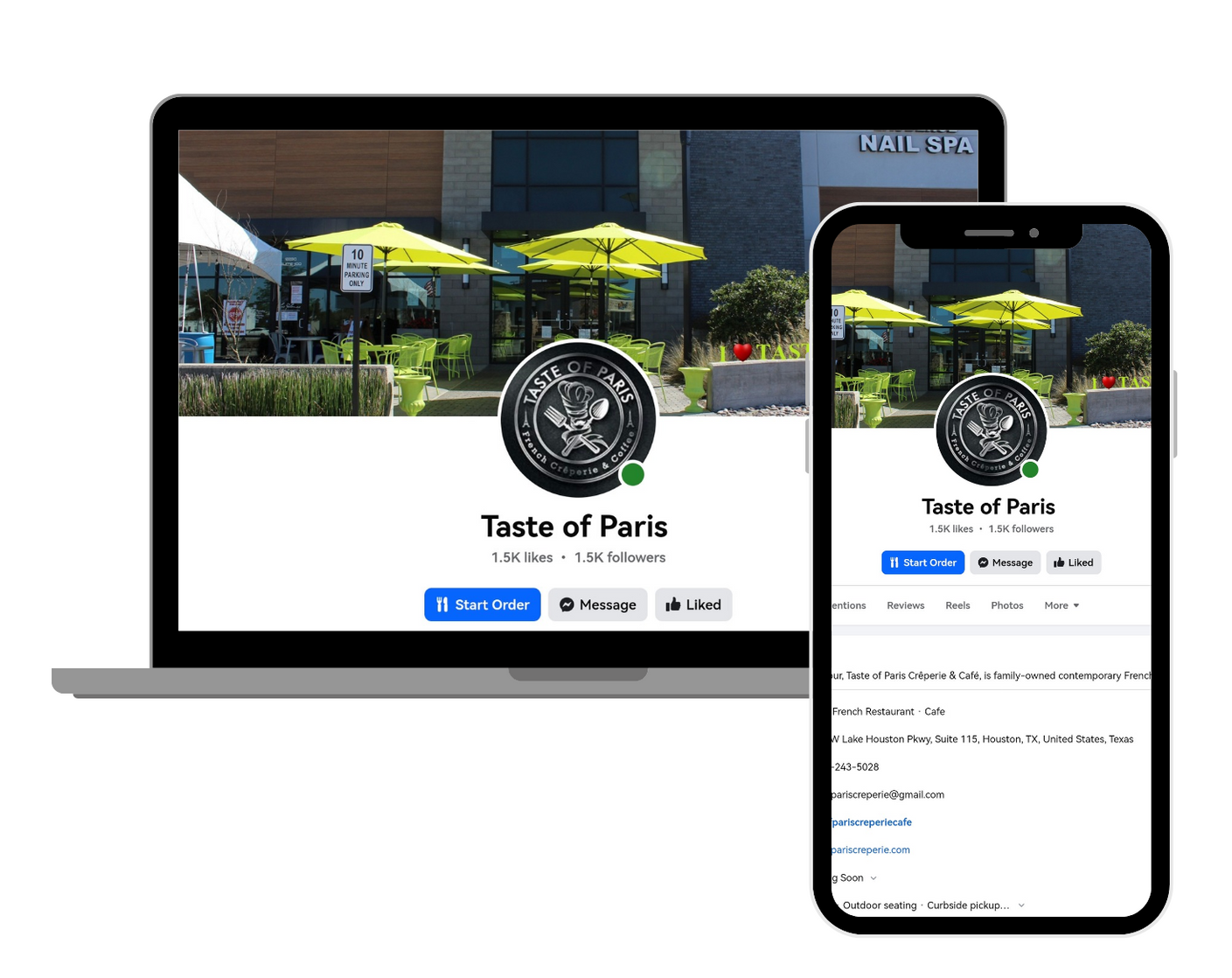A laptop and a cell phone are displaying a facebook page for taste of paris.
