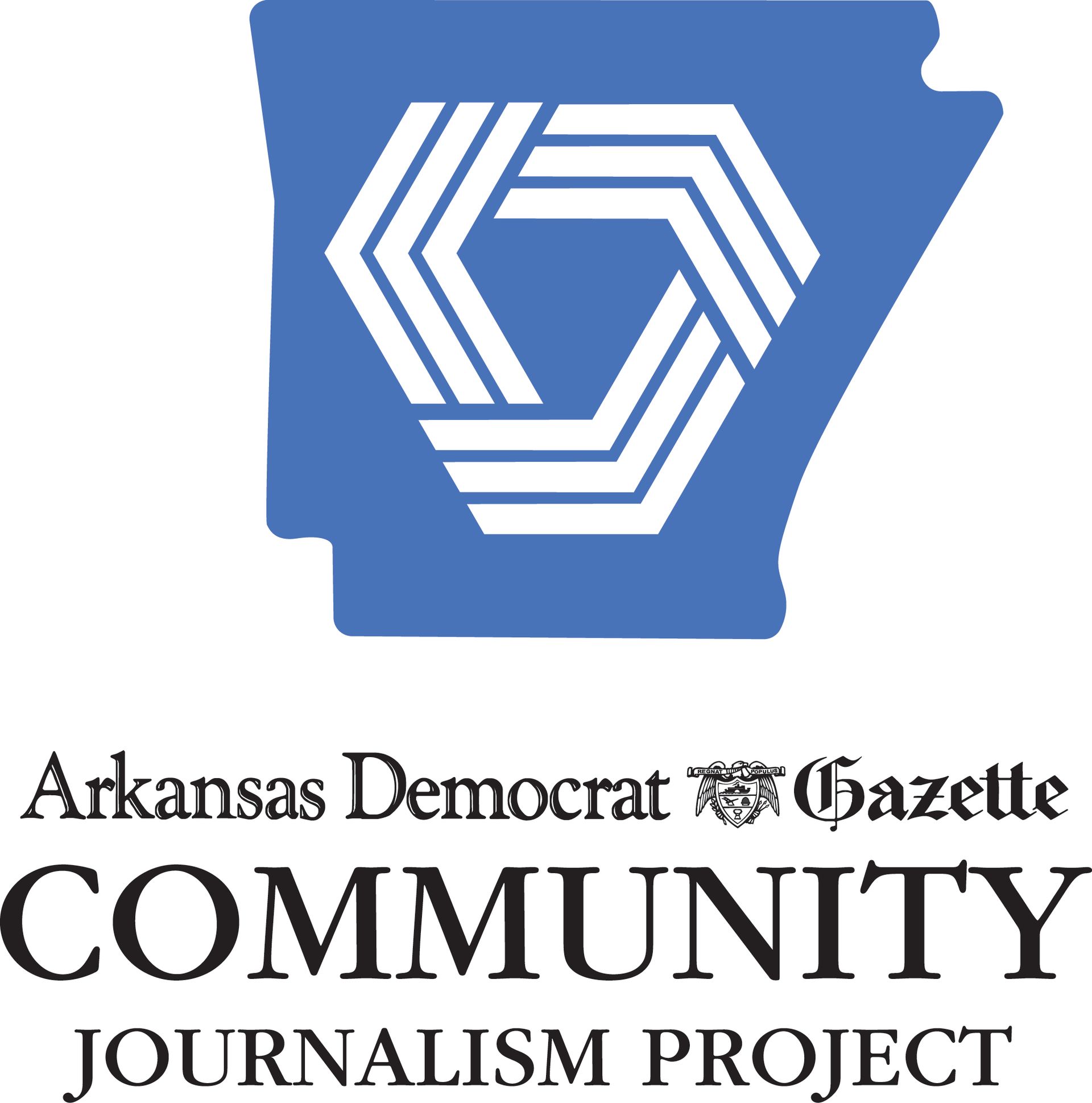 Logo for the Arkansas Democrat-Gazette Community Journalism Project featuring the blue outline of Arkansas.