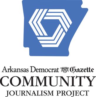 Logo for the Arkansas Democrat-Gazette Community Journalism Project featuring the blue outline of Arkansas.