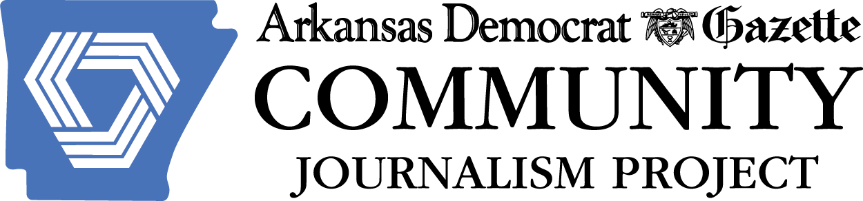 The Arkansas Democrat-Gazette Community Journalism Project logo in black text with a blue icon of the state of Arkansas.