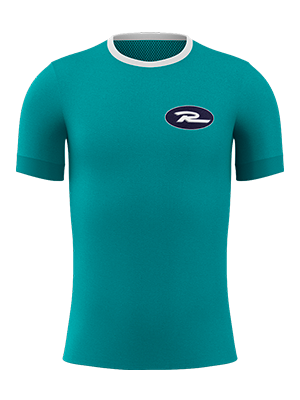 Teal athletic shirt with white collar, navy logo on chest.