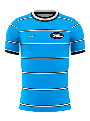 Blue jersey with white stripes, black trim, and a team logo; Nike logo present.