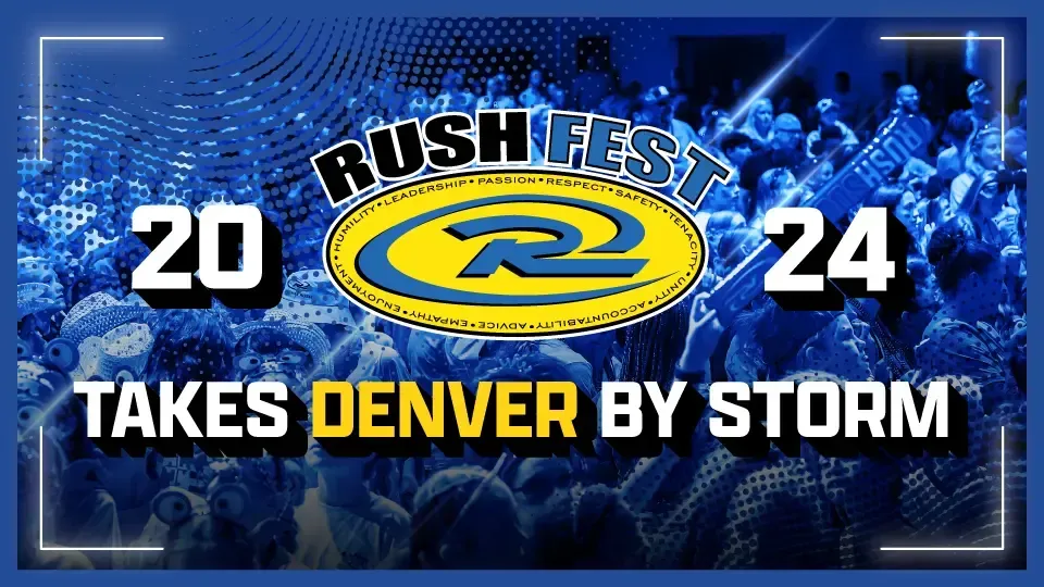 Rush Fest 2024 in Denver. Logo with crowd in blue, event advertising.