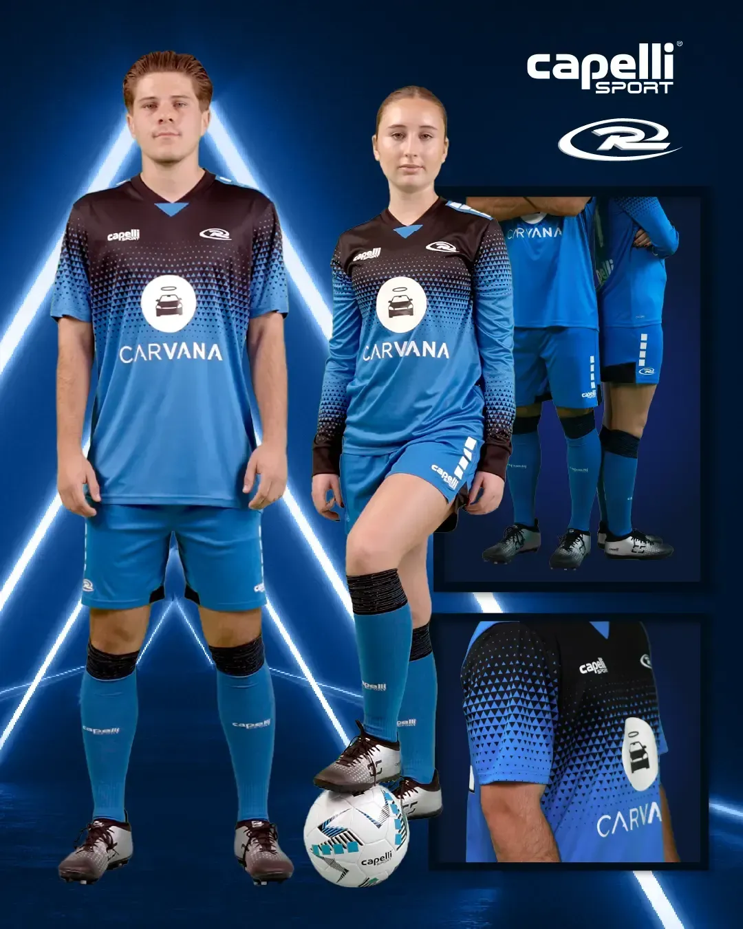 Two people in blue and black soccer uniforms, sponsored by Carvana, against a neon blue background.