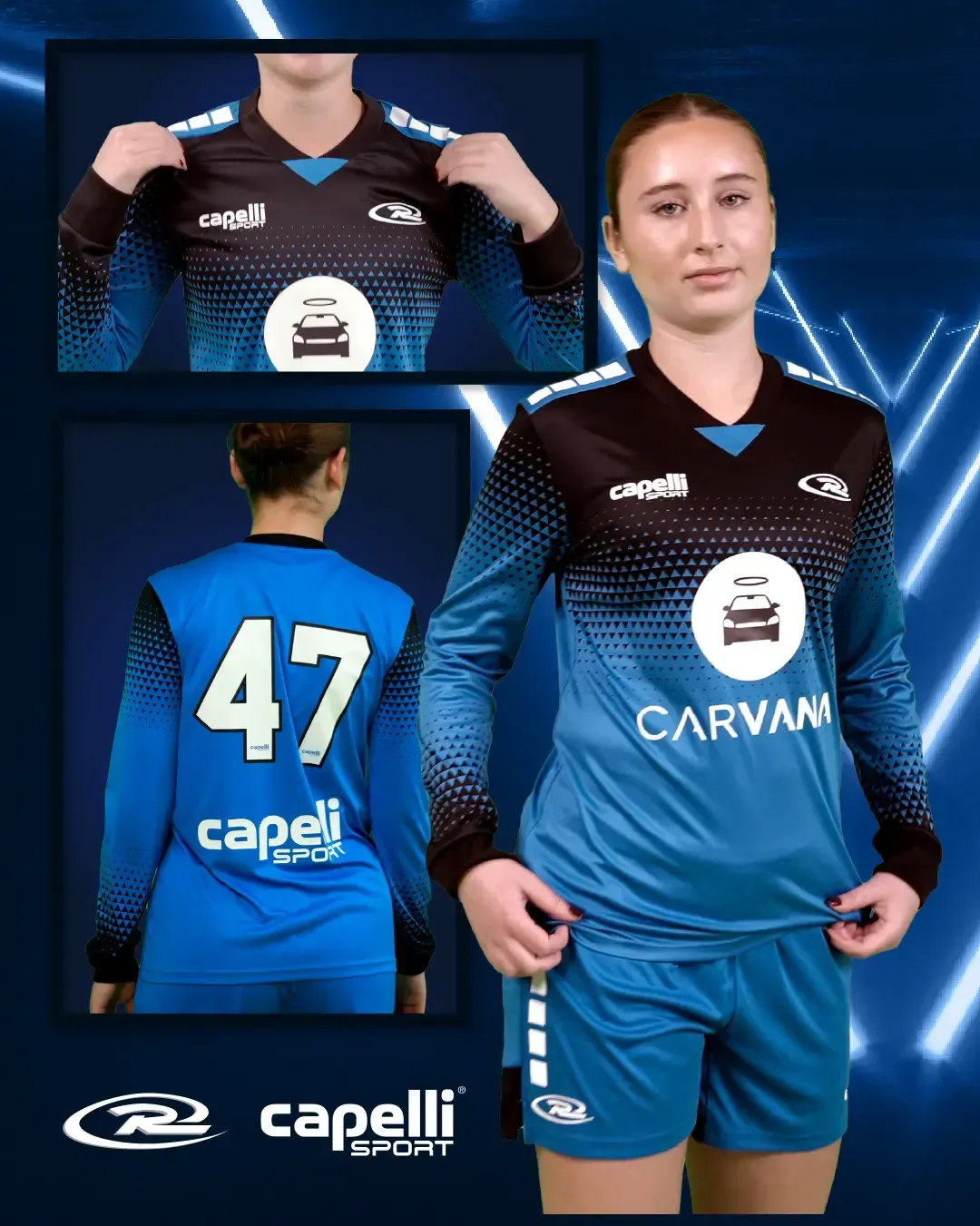 Woman in blue jersey and shorts with car logo, capelli sport wear.