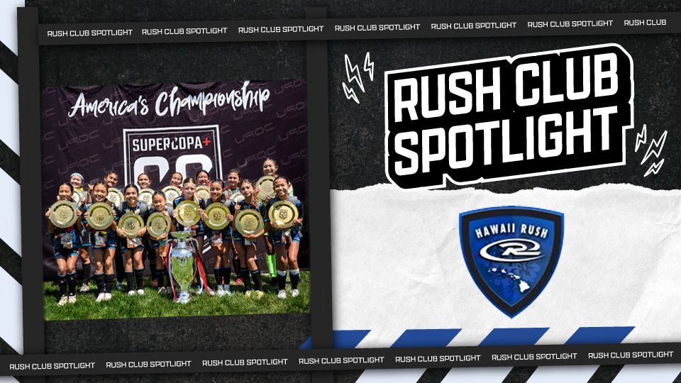Rush Club Spotlight features Hawaii Rush logo next to winning team holding trophies.