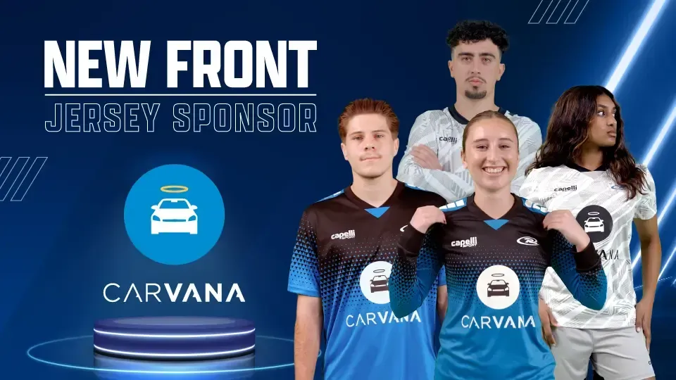 Carvana jersey sponsorship announcement: People in blue soccer jerseys. Carvana logo prominently displayed.