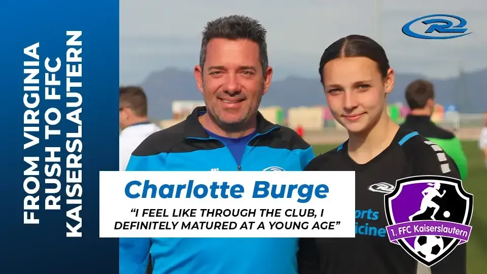 Man and Charlotte Burge, pose in front of a soccer field with text about her move from Virginia Rush to FFC Kaiserslautern.