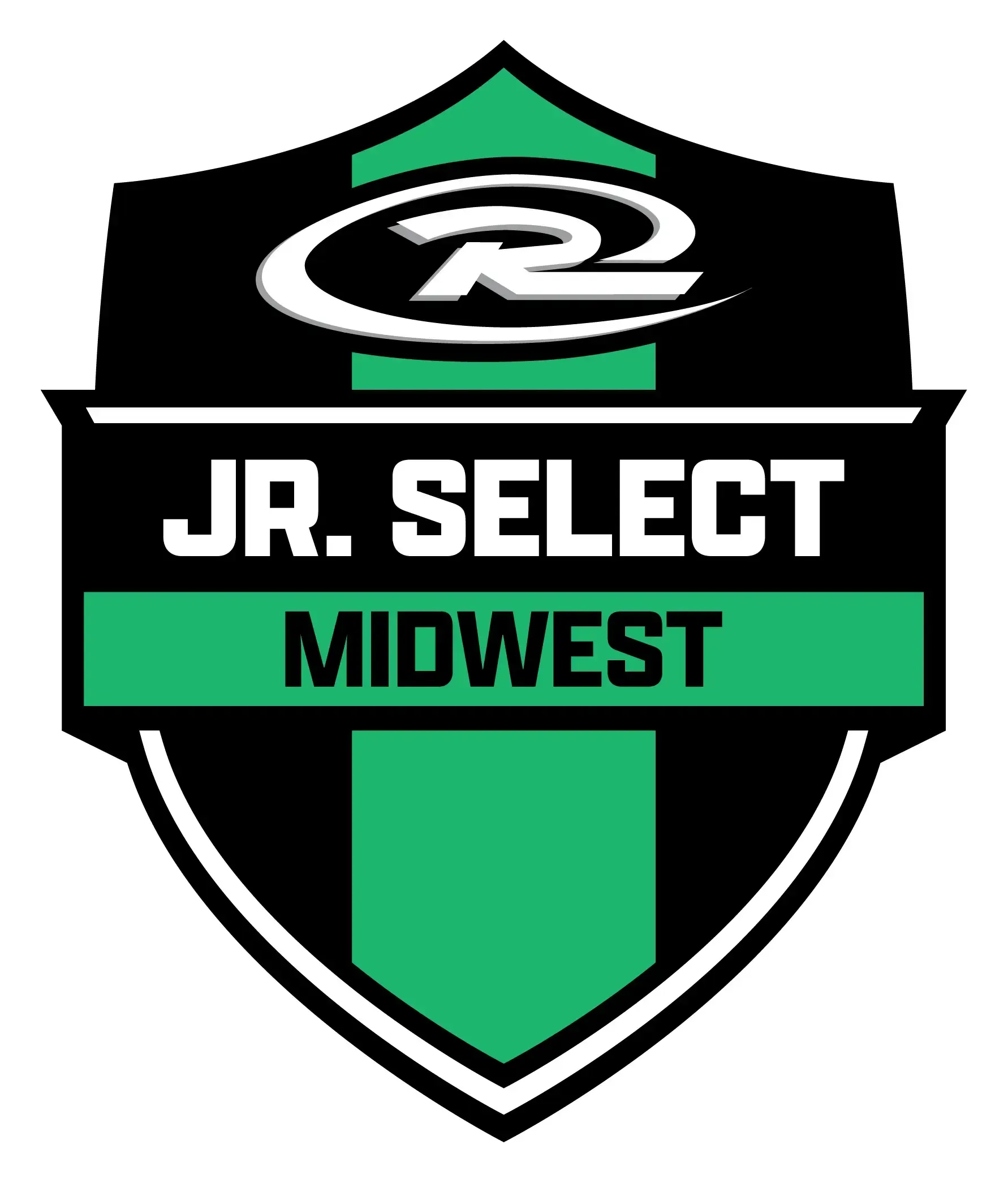 Logo for Jr. Select Midwest, green and black shield with 